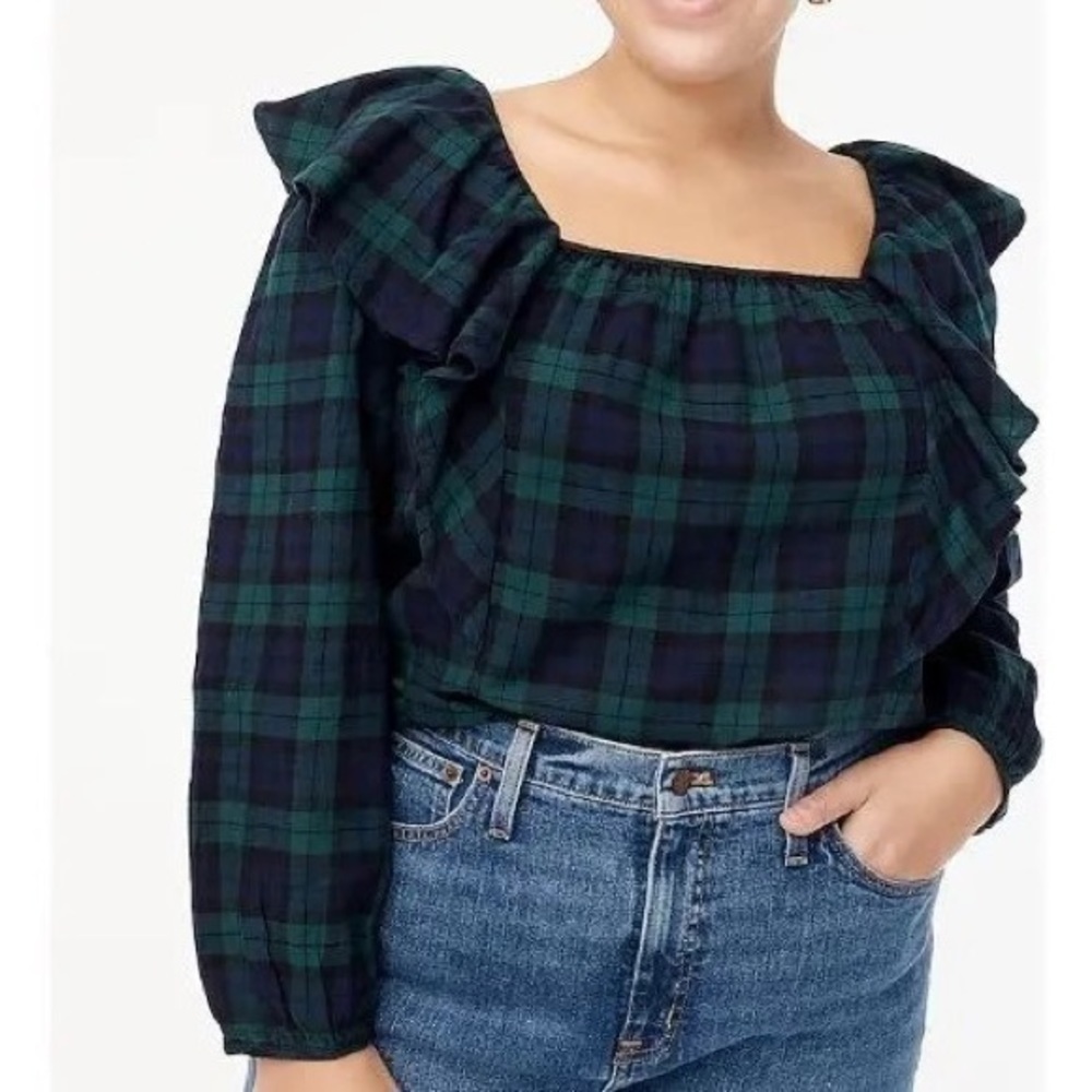 J. Crew Blue and Green Flannel Squareneck Blouse sz L - Picture 1 of 5